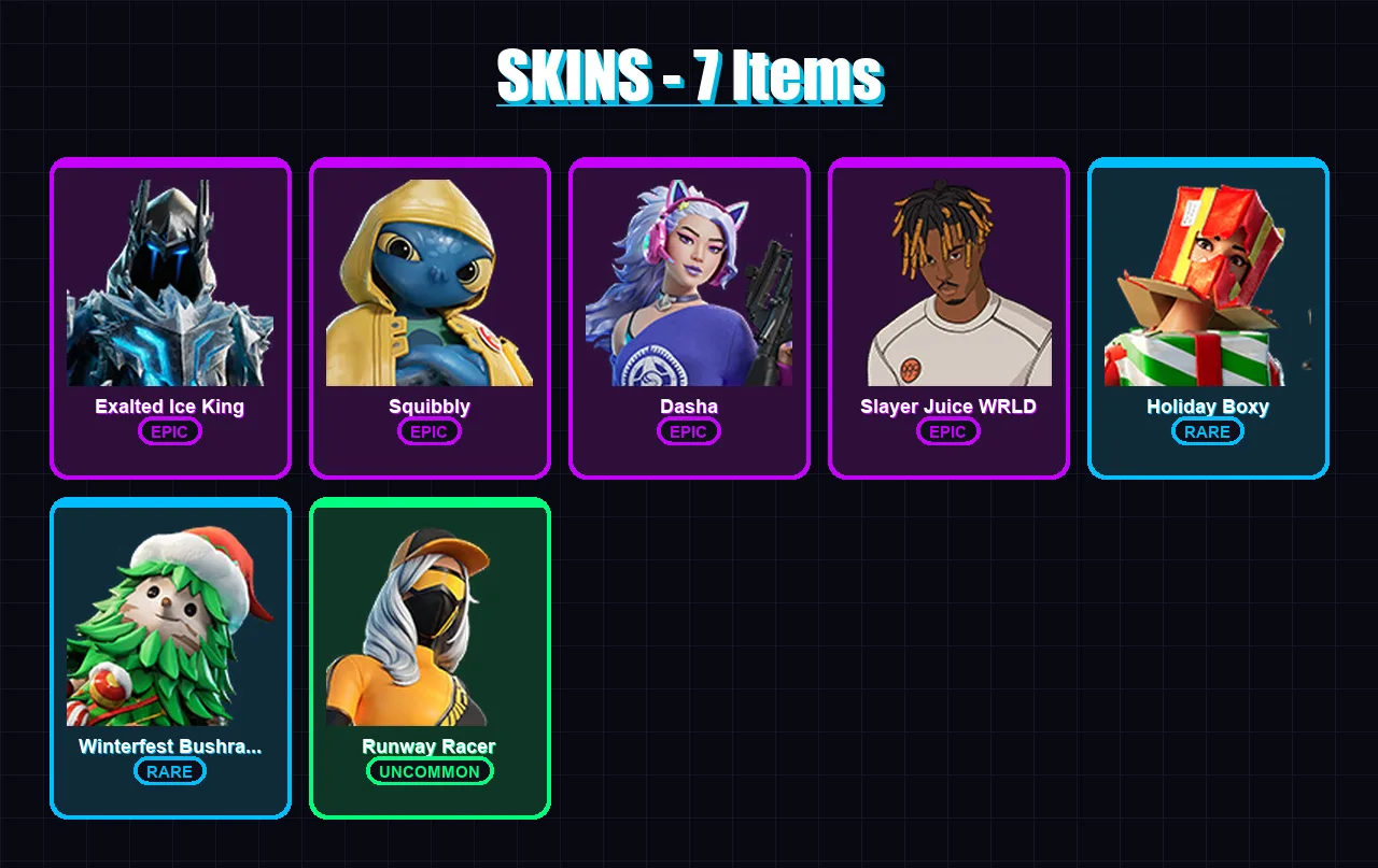 [PC/XBOX/PSN] | Exalted Ice King | Squibbly | Dasha | Slayer Juice WRLD | Holiday Boxy | 7 skin | 30 pickaxe | 10 emote | 26 glider | Lv286