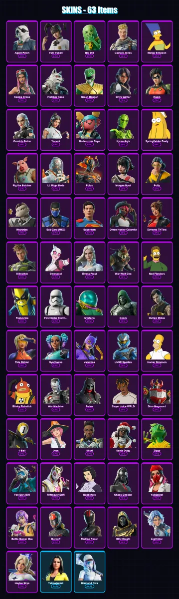 [PC/XBOX] | Agent Patch | Yuki Yubari | Big Dill | Captain Jones | Marge Simpson | 63 skin | 96 pickaxe | 59 emote | 58 glider | Lv732