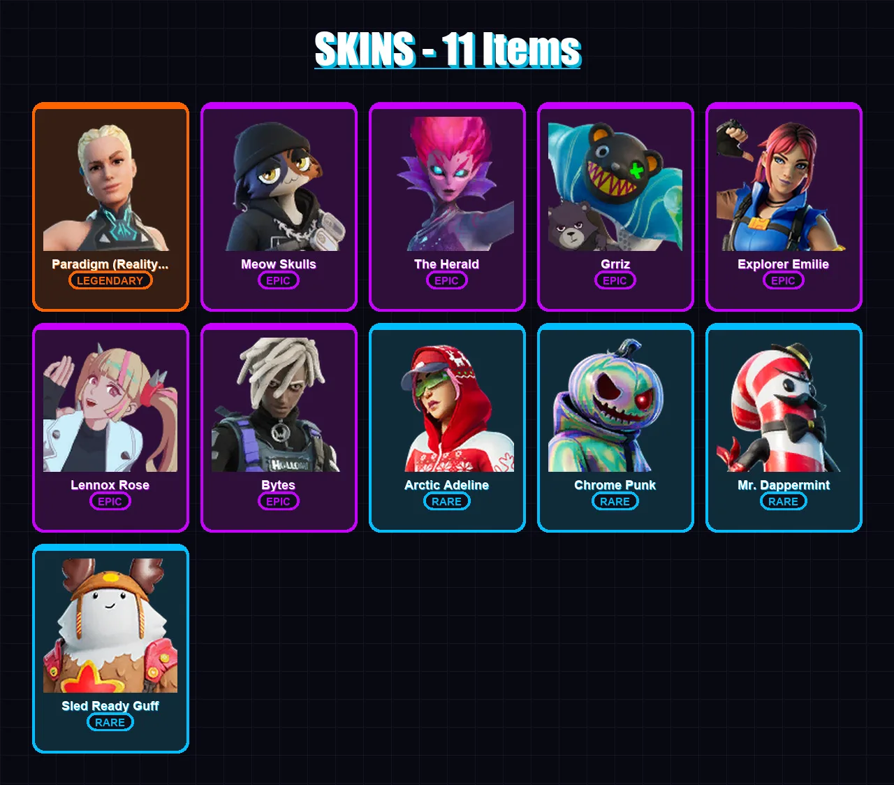 [PC/XBOX/PSN] | Paradigm (Reality-659) | Meow Skulls | The Herald | Grriz | Explorer Emilie | 11 skin | 11 pickaxe | 10 emote | 11 glider | Lv112