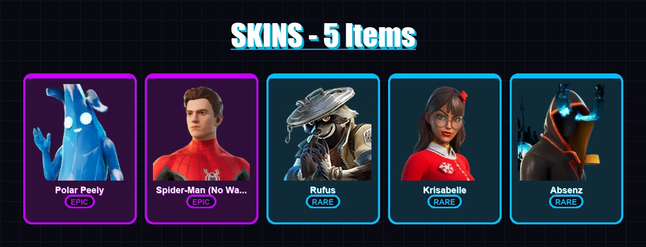 [PC/XBOX/PSN] | Polar Peely | Spider-Man (No Way Home) | Rufus | Krisabelle | Absenz | 5 skin | 12 pickaxe | 8 emote | 8 glider | Lv117