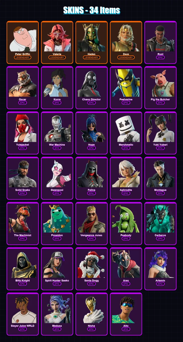 [PC/PSN] | Peter Griffin | Valeria | Hades | Zeus | Rust | 34 skin | 87 pickaxe | 64 emote | 50 glider | Lv681