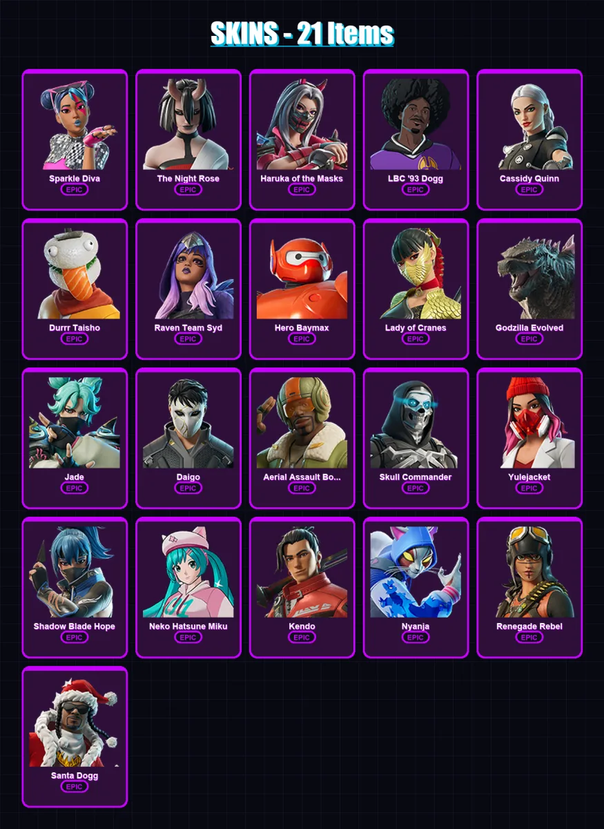 [PC/PSN] | Sparkle Diva | The Night Rose | Haruka of the Masks | LBC '93 Dogg | Cassidy Quinn | 21 skin | 34 pickaxe | 21 emote | 19 glider | Lv182
