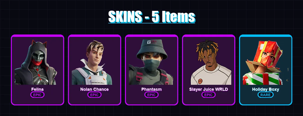 [PC/XBOX/PSN] | Felina | Nolan Chance | Phantasm | Slayer Juice WRLD | Holiday Boxy | 5 skin | 22 pickaxe | 13 emote | 17 glider | Lv284