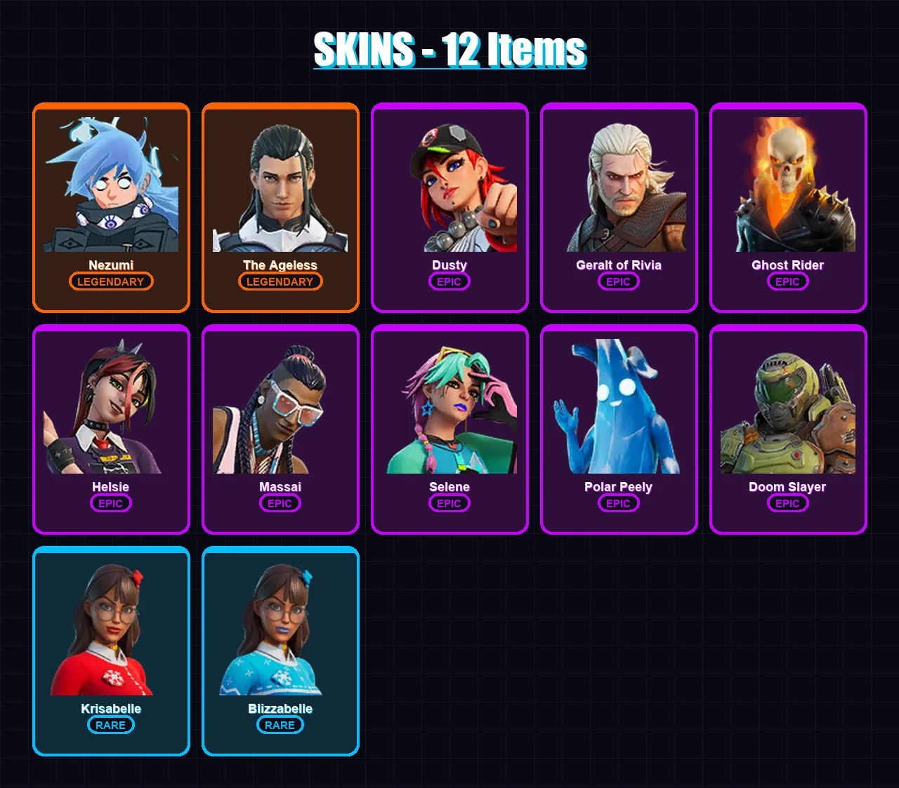 [PC/XBOX/PSN] | Nezumi | The Ageless | Dusty | Geralt of Rivia | Ghost Rider | 12 skin | 24 pickaxe | 18 emote | 19 glider | Lv327