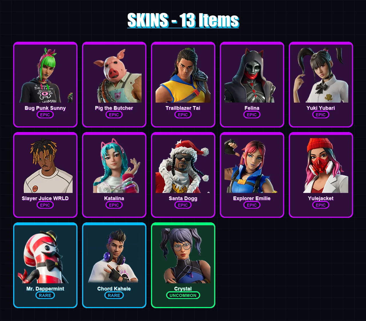 [PC/PSN] | Bug Punk Sunny | Pig the Butcher | Trailblazer Tai | Felina | Yuki Yubari | 13 skin | 65 pickaxe | 24 emote | 43 glider | Lv829
