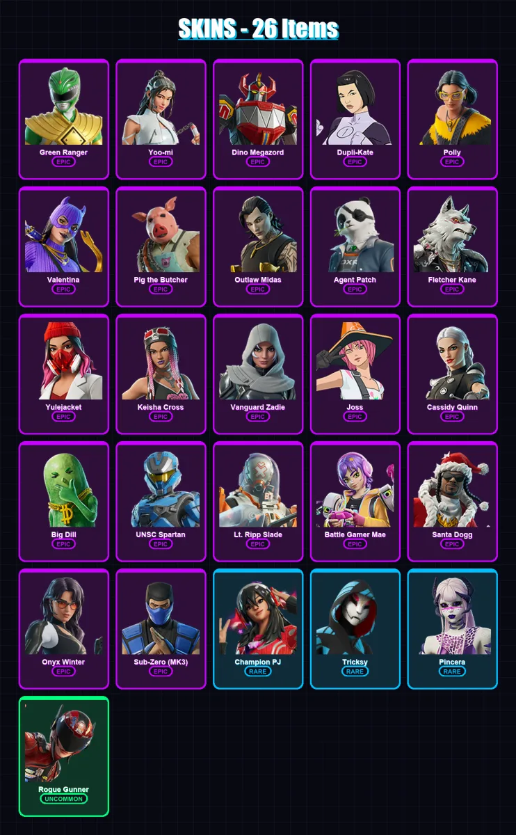 [PS4/PS5/XBOX/PC] | Green Ranger | Yoo-mi | Dino Megazord | Dupli-Kate | Polly | 26 skin | 62 pickaxe | 34 emote | 34 glider | Lv1094