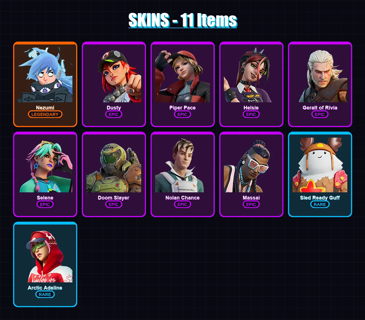 [SWITCH/XBOX/PC] | Nezumi | Dusty | Piper Pace | Helsie | Geralt of Rivia | 11 skin | 25 pickaxe | 17 emote | 25 glider | Lv394