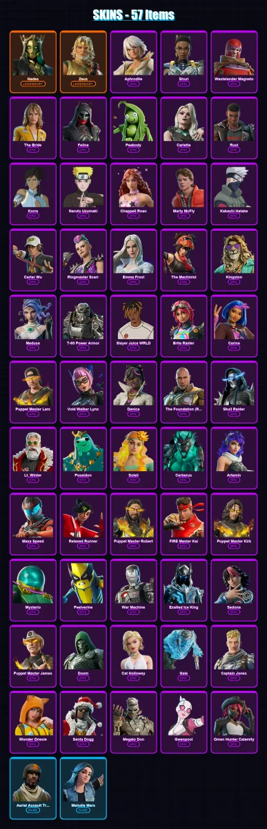 [PC/XBOX/PSN] | Hades | Zeus | Aphrodite | Shuri | Wastelander Magneto | 57 skin | 87 pickaxe | 55 emote | 53 glider | Lv958 — Fortnite account