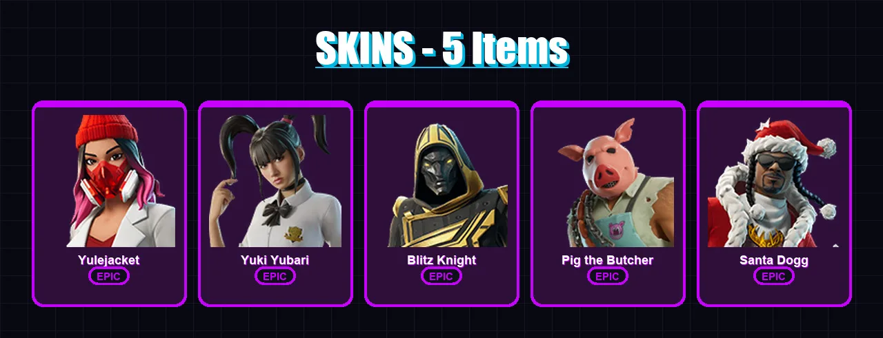 [PC/XBOX/PSN] | Yulejacket | Yuki Yubari | Blitz Knight | Pig the Butcher | Santa Dogg | 5 skin | 24 pickaxe | 8 emote | 16 glider | Lv141