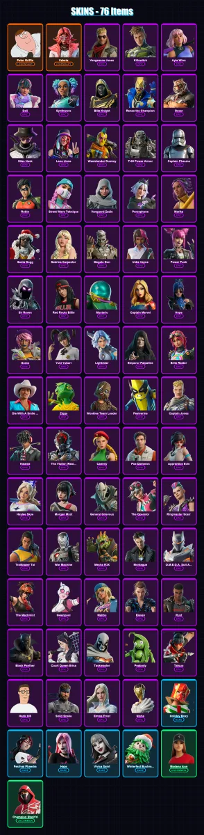 [PC/PSN] | Peter Griffin | Valeria | Vengeance Jones | Killswitch | Ayla Winn | 76 skin | 97 pickaxe | 70 emote | 57 glider | Lv876 — Fortnite account