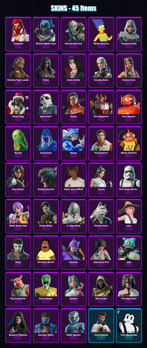 [PC/PSN] | Yulejacket | Shadow Blade Hope | General Grievous | Marge Simpson | Vanguard Zadie | 45 skin | 109 pickaxe | 57 emote | 63 glider | Lv113