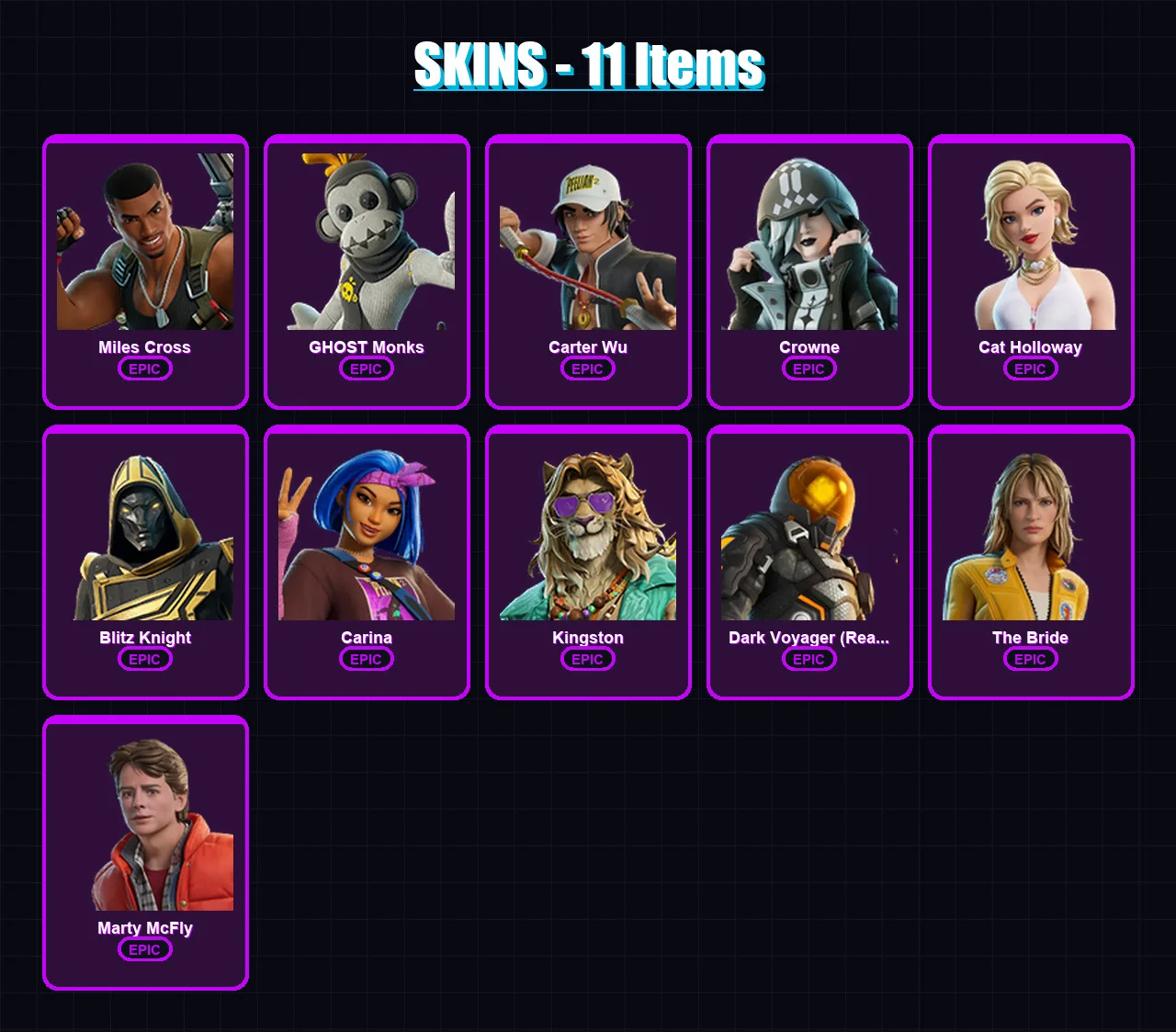 [PC/XBOX] | Miles Cross | GHOST Monks | Carter Wu | Crowne | Cat Holloway | 11 skin | 25 pickaxe | 16 emote | 17 glider | Lv225