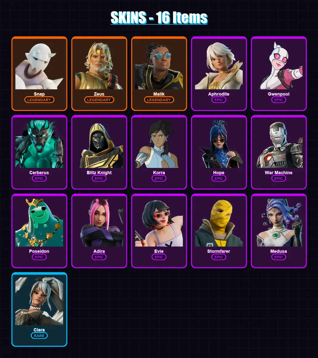 [PC/XBOX/PSN] | Snap | Zeus | Malik | Aphrodite | Gwenpool | 16 skin | 39 pickaxe | 21 emote | 33 glider | Lv330