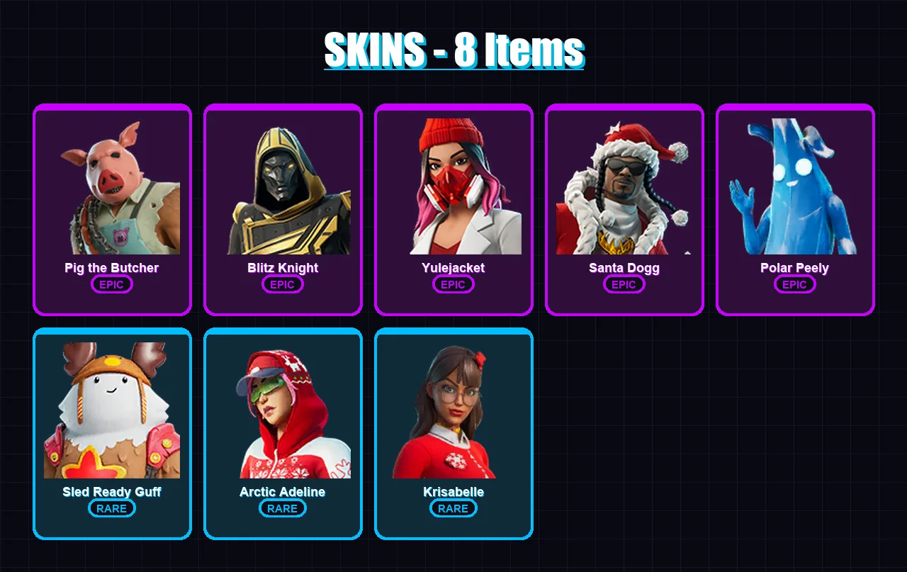 [PC] | Pig the Butcher | Blitz Knight | Yulejacket | Santa Dogg | Polar Peely | 8 skin | 55 pickaxe | 33 emote | 42 glider | Lv614