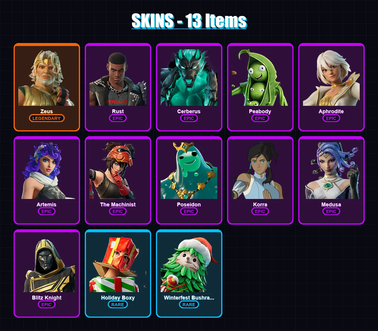 [PS4/PS5/XBOX/PC] | Zeus | Rust | Cerberus | Peabody | Aphrodite | 13 skin | 40 pickaxe | 22 emote | 32 glider | Lv408 — Fortnite account