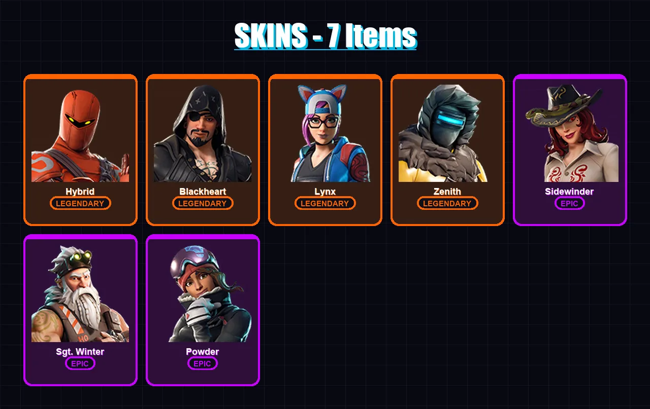 [PC/XBOX/PSN] | Hybrid | Blackheart | Lynx | Zenith | Sidewinder | 7 skin | 8 pickaxe | 10 emote | 8 glider | Lv99