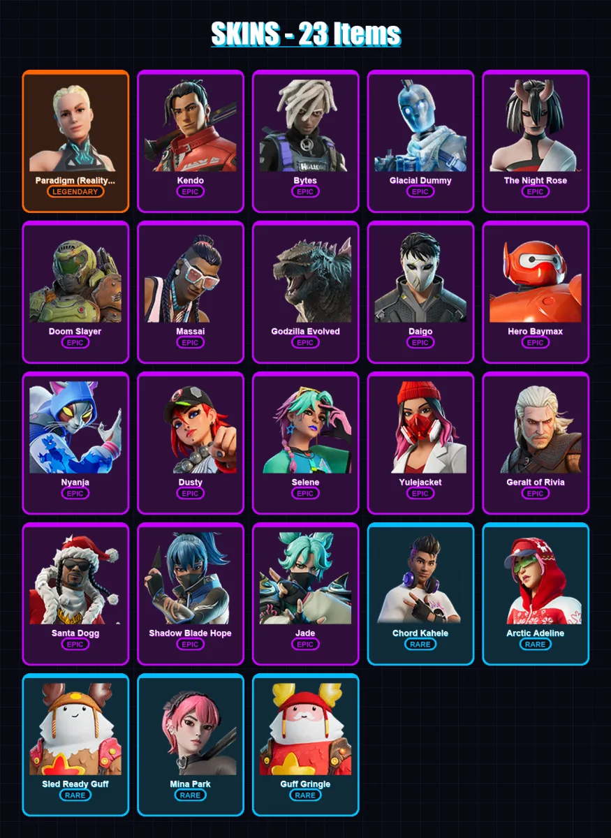 [PC/XBOX/PSN] | Paradigm (Reality-659) | Kendo | Bytes | Glacial Dummy | The Night Rose | 23 skin | 33 pickaxe | 19 emote | 23 glider | Lv195