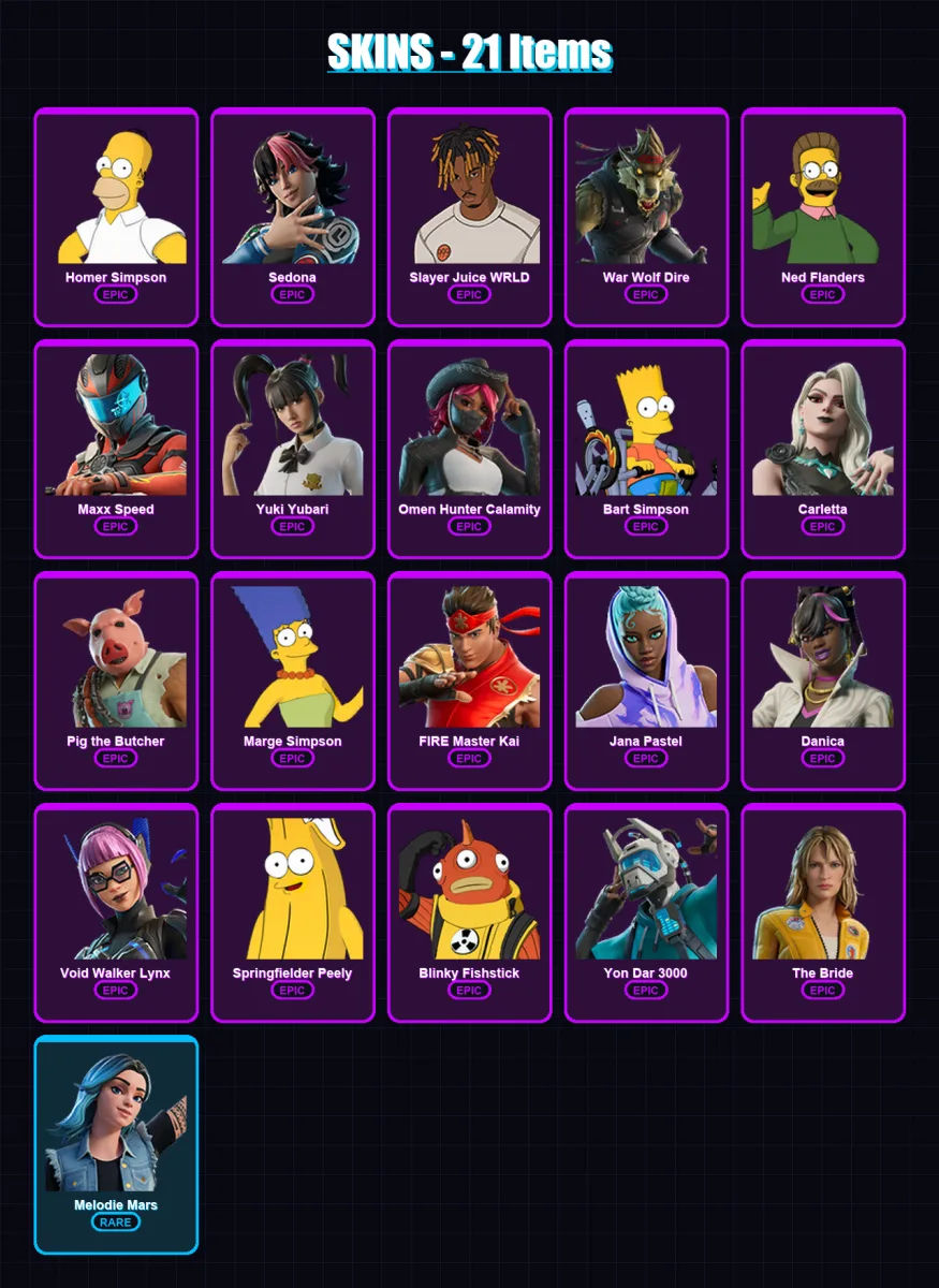 [PC/PSN] | Homer Simpson | Sedona | Slayer Juice WRLD | War Wolf Dire | Ned Flanders | 21 skin | 37 pickaxe | 19 emote | 21 glider | Lv209