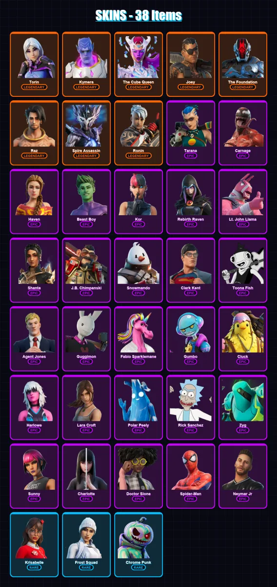 [PC/XBOX/PSN] | Torin | Kymera | The Cube Queen | Joey | The Foundation | 38 skin | 49 pickaxe | 45 emote | 50 glider | Lv1216 — Fortnite account