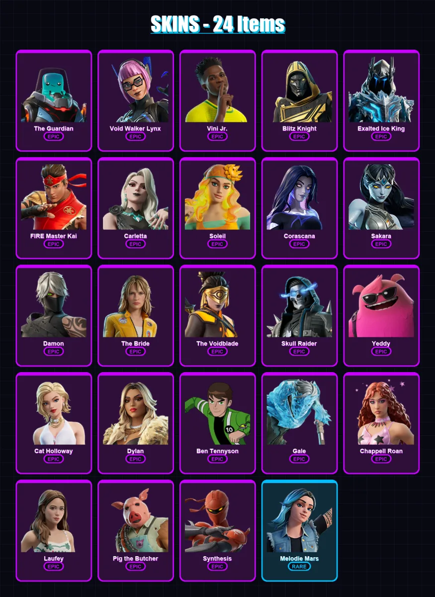 [PC] | The Guardian | Void Walker Lynx | Vini Jr. | Blitz Knight | Exalted Ice King | 24 skin | 39 pickaxe | 17 emote | 22 glider | Lv155