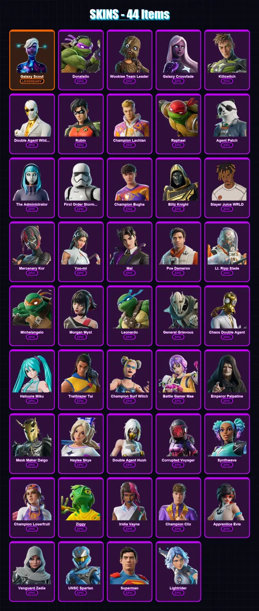 [PC/XBOX/PSN] | Galaxy Scout | Donatello | Wookiee Team Leader | Galaxy Crossfade | Killswitch | 44 skin | 66 pickaxe | 34 emote | 35 glider | Lv499