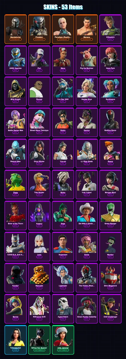 [PS4/PS5/XBOX/PC] | Mandalorian | Predator | Paradigm (Reality-659) | Menace | Killswitch | 53 skin | 89 pickaxe | 64 emote | 59 glider | Lv1128 — Fortnite account