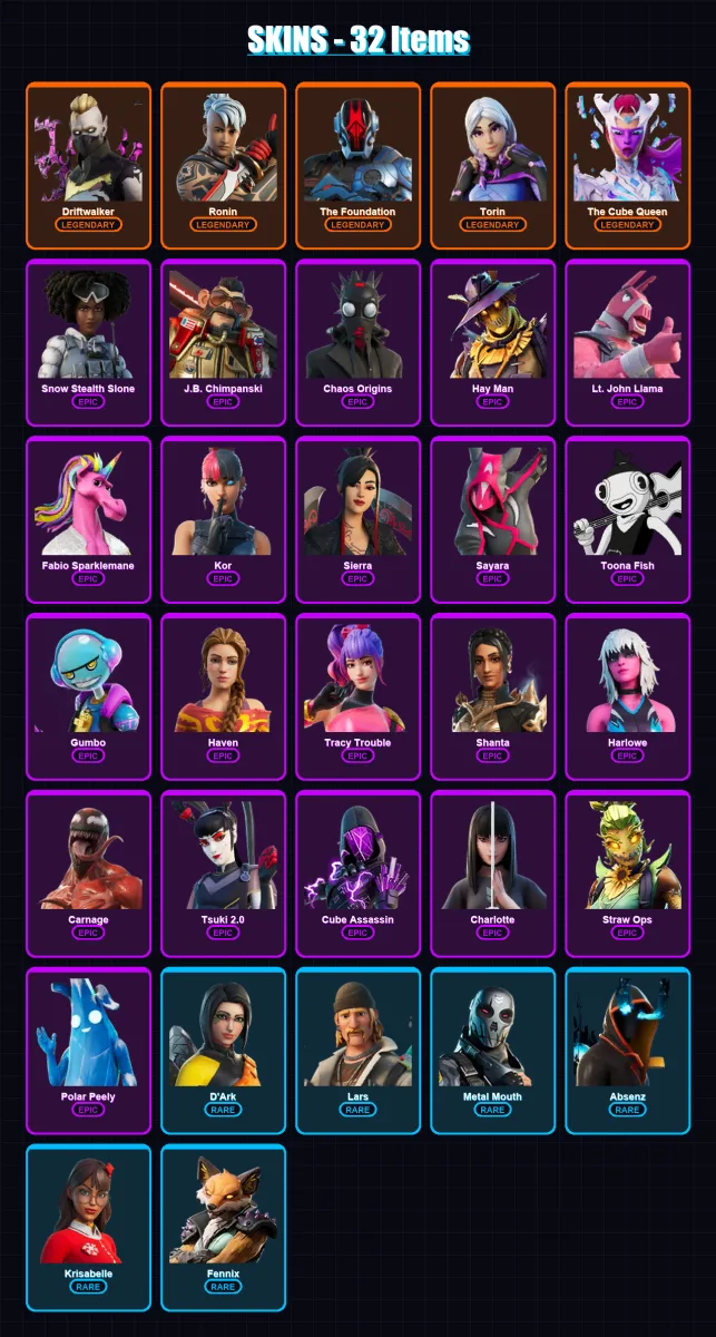 [PC/XBOX/PSN] | Driftwalker | Ronin | The Foundation | Torin | The Cube Queen | 32 skin | 36 pickaxe | 31 emote | 26 glider | Lv388