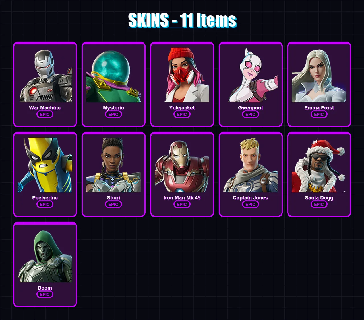 [PC/XBOX/PSN] | War Machine | Mysterio | Yulejacket | Gwenpool | Emma Frost | 11 skin | 23 pickaxe | 19 emote | 14 glider | Lv177 — Fortnite account