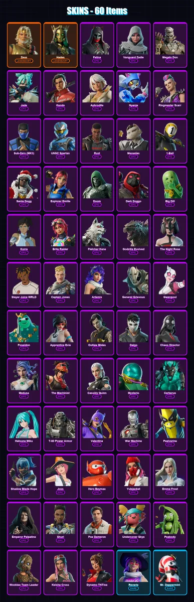 [PC/XBOX/PSN] | Zeus | Hades | Felina | Vanguard Zadie | Megalo Don | 60 skin | 113 pickaxe | 71 emote | 76 glider | Lv1235