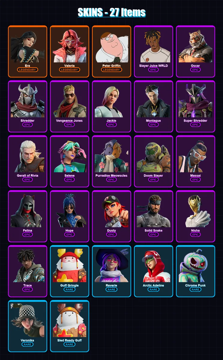 [PC/XBOX/PSN] | Era | Valeria | Peter Griffin | Slayer Juice WRLD | Oscar | 27 skin | 55 pickaxe | 34 emote | 44 glider | Lv622