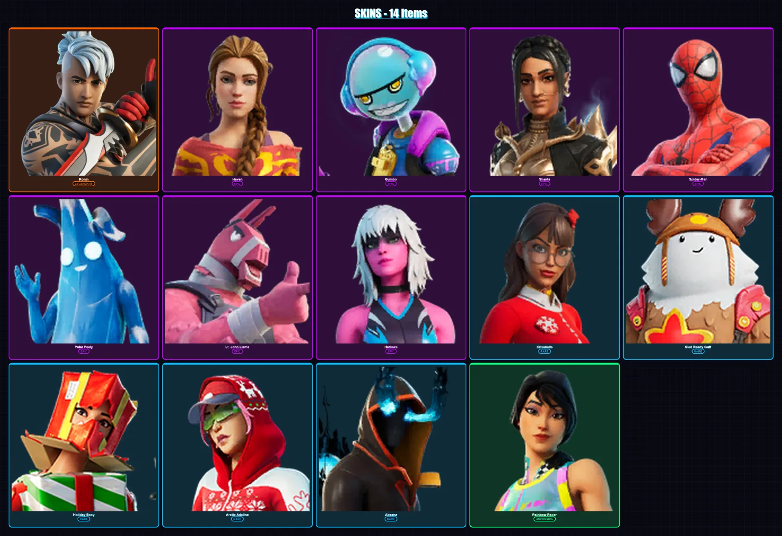 [PS4/PS5/XBOX/PC] | Ronin | Haven | Gumbo | Shanta | Spider-Man | 14 skin | 17 pickaxe | 15 emote | 19 glider | Lv189