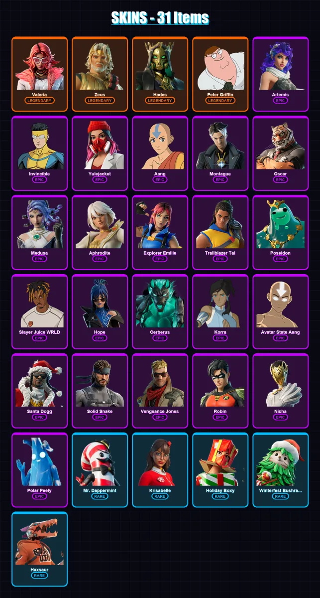 [PC/XBOX/PSN] | Valeria | Zeus | Hades | Peter Griffin | Artemis | 31 skin | 67 pickaxe | 41 emote | 47 glider | Lv761