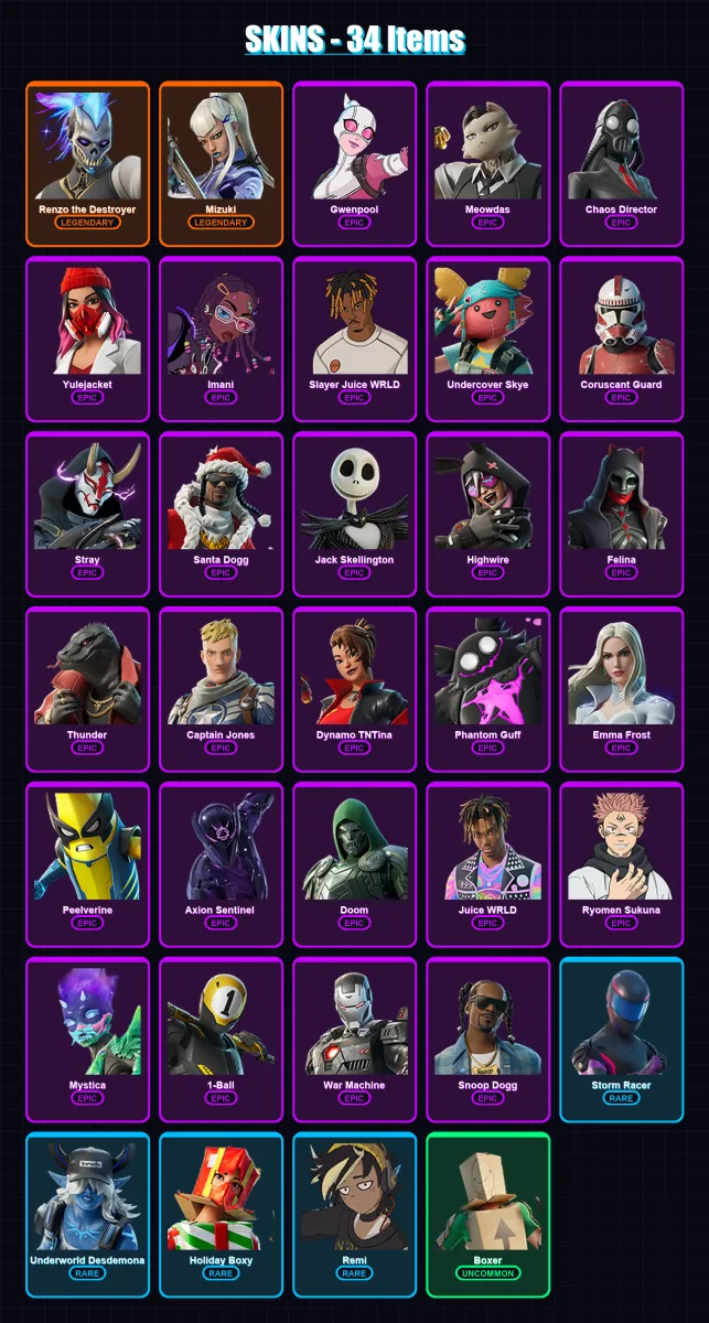 [PS4/PS5/XBOX/PC] | Renzo the Destroyer | Mizuki | Gwenpool | Meowdas | Chaos Director | 34 skin | 52 pickaxe | 42 emote | 42 glider | Lv738