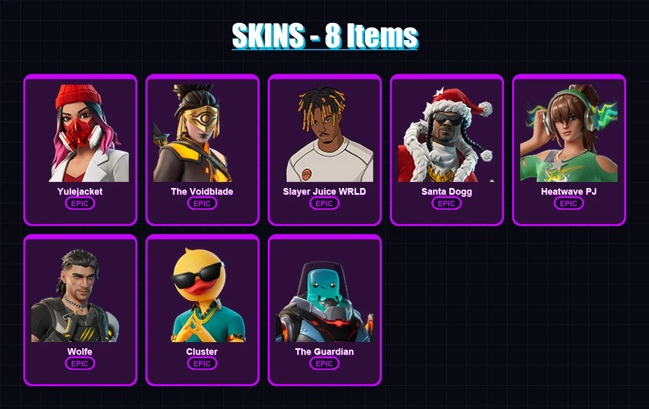 [PC/XBOX/PSN] | Yulejacket | The Voidblade | Slayer Juice WRLD | Santa Dogg | Heatwave PJ | 8 skin | 33 pickaxe | 18 emote | 28 glider | Lv352