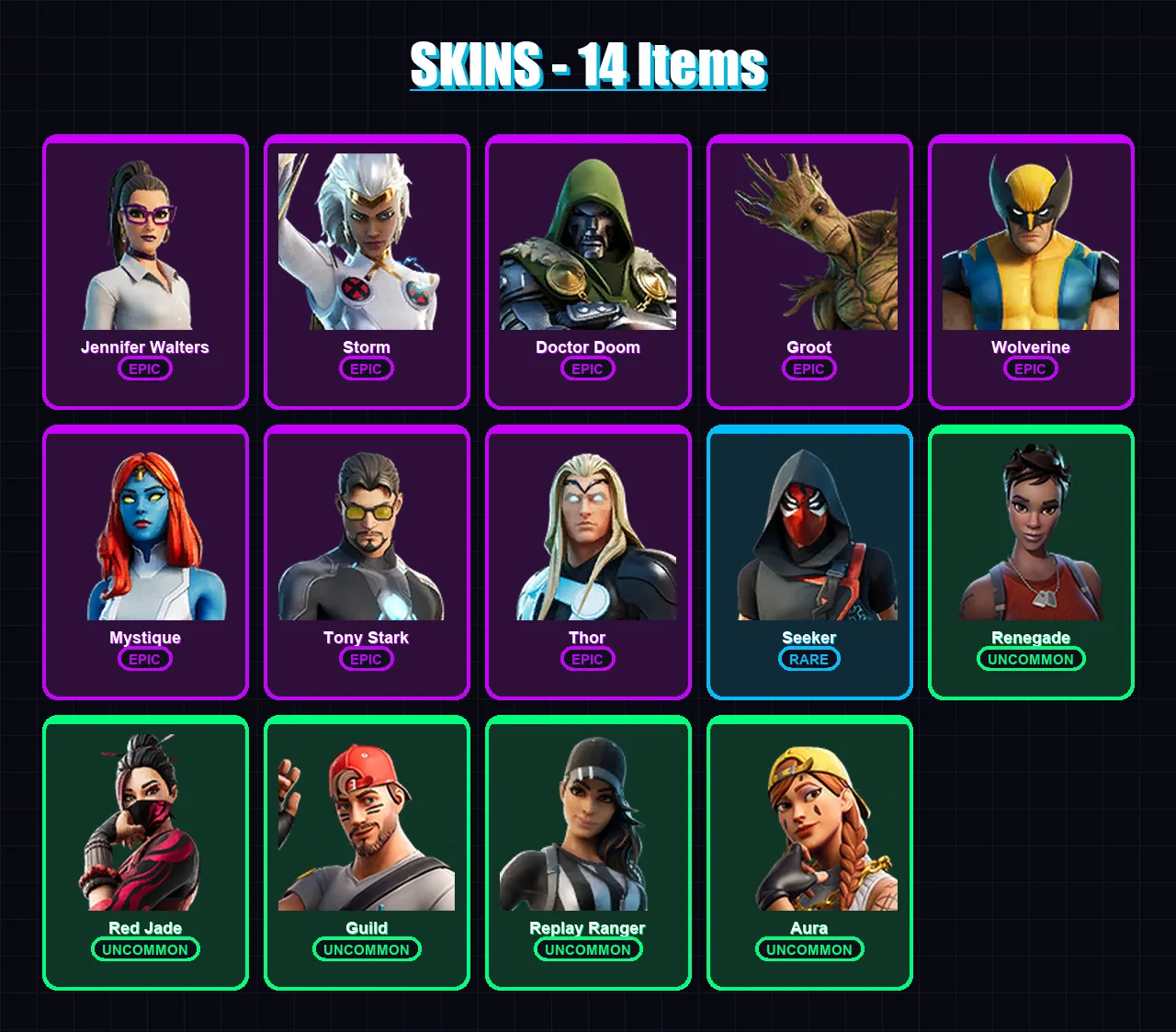 [PC/XBOX/PSN] | Jennifer Walters | Storm | Doctor Doom | Groot | Wolverine | 14 skin | 14 pickaxe | 14 emote | 13 glider | Lv274