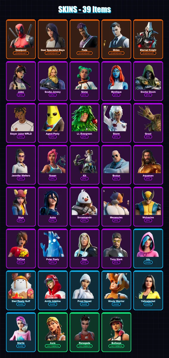 [PS4/PS5/XBOX/PC] | Deadpool | Gear Specialist Maya | Fade | Midas | Eternal Knight | 39 skin | 58 pickaxe | 49 emote | 57 glider | Lv1059