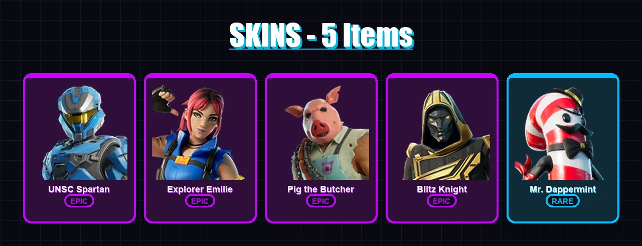 [PC/PSN] | UNSC Spartan | Explorer Emilie | Pig the Butcher | Blitz Knight | Mr. Dappermint | 5 skin | 36 pickaxe | 13 emote | 24 glider | Lv250