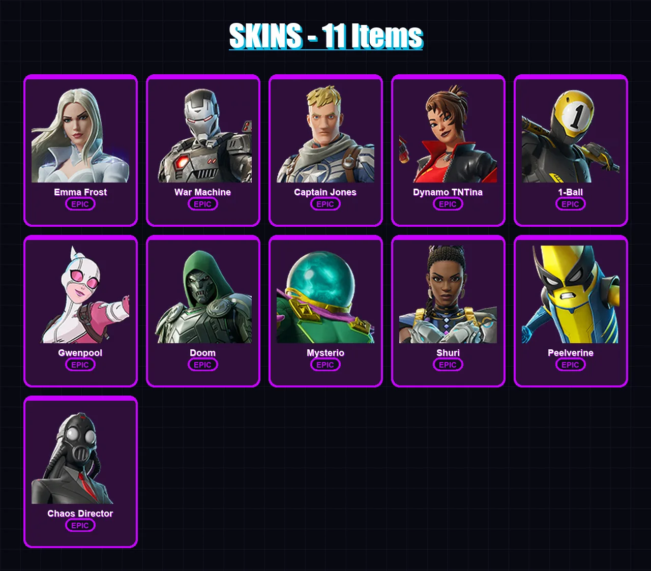 [PC/XBOX/PSN] | Emma Frost | War Machine | Captain Jones | Dynamo TNTina | 1-Ball | 11 skin | 16 pickaxe | 16 emote | 18 glider | Lv293 — Fortnite account