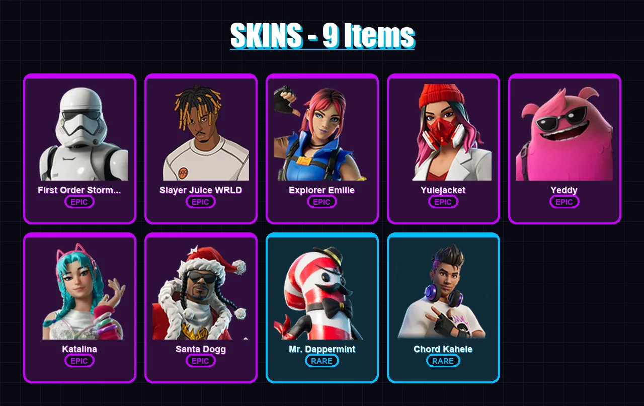 [PC] | First Order Stormtrooper | Slayer Juice WRLD | Explorer Emilie | Yulejacket | Yeddy | 9 skin | 32 pickaxe | 12 emote | 22 glider | Lv205