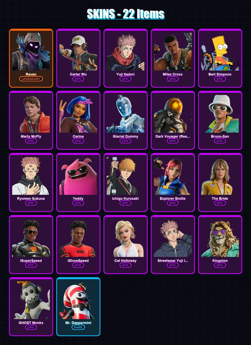 [PC/PSN] | Raven | Carter Wu | Yuji Itadori | Miles Cross | Bart Simpson | 22 skin | 26 pickaxe | 17 emote | 21 glider | Lv191