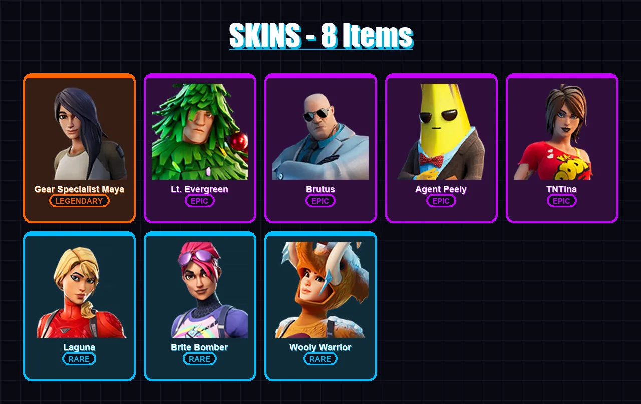 [SWITCH/XBOX/PSN/PC] | Gear Specialist Maya | Lt. Evergreen | Brutus | Agent Peely | TNTina | 8 skin | 8 pickaxe | 17 emote | 13 glider | Lv259