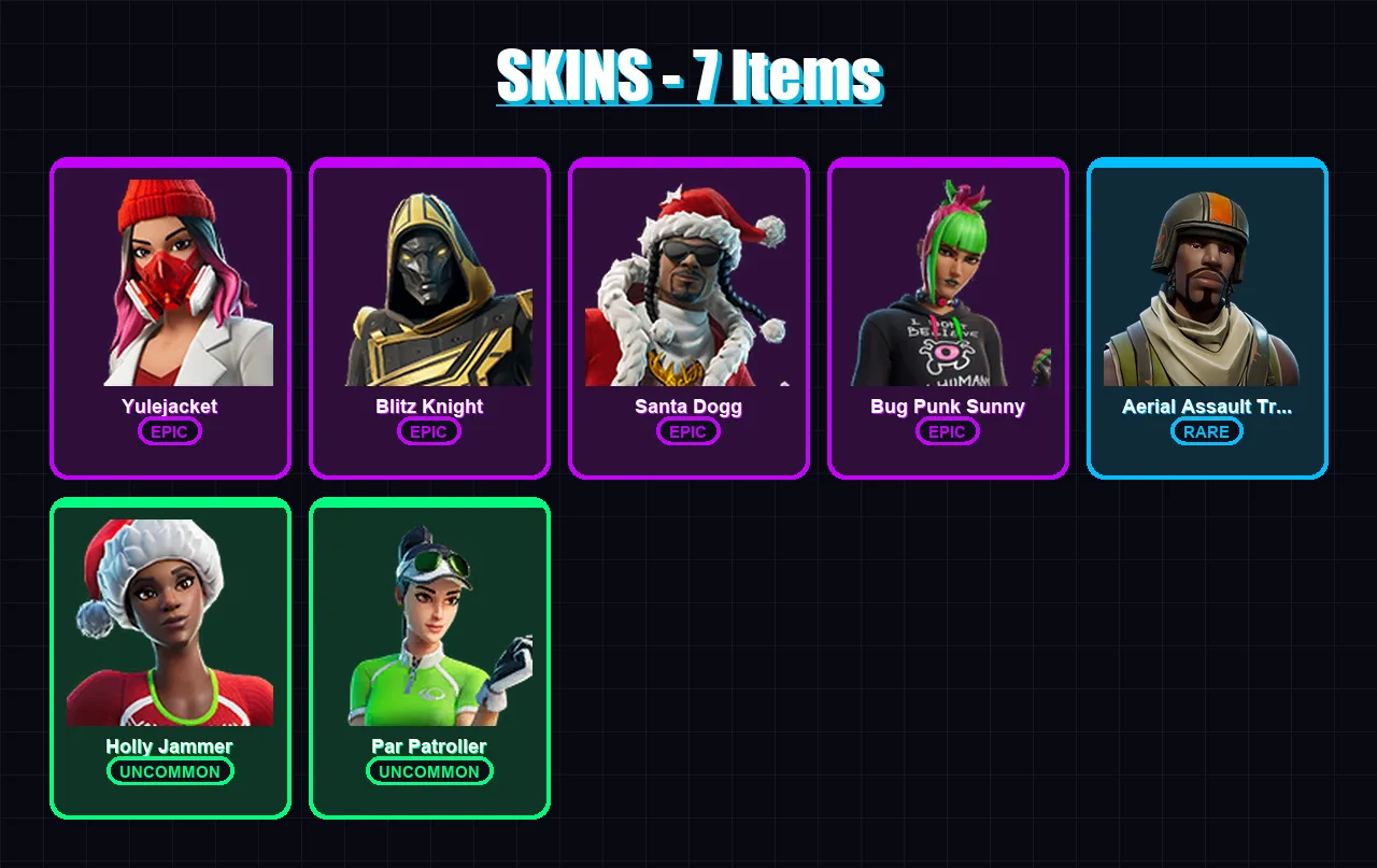 [PC] | Yulejacket | Blitz Knight | Santa Dogg | Bug Punk Sunny | Aerial Assault Trooper | 7 skin | 25 pickaxe | 11 emote | 20 glider | Lv133