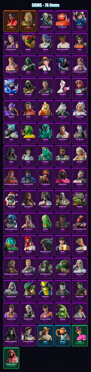 [PS4/PS5/XBOX/PC] | Joltara | Zeus | General Grievous | Hero Baymax | Chun-Li | 76 skin | 105 pickaxe | 70 emote | 67 glider | Lv994