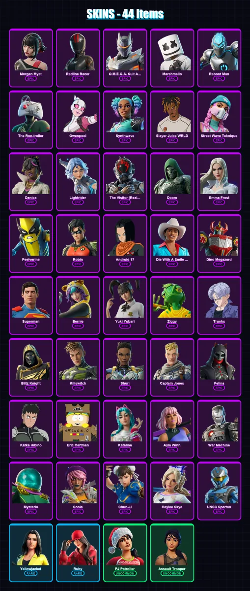 [PC/XBOX/PSN] | Morgan Myst | Redline Racer | O.M.E.G.A. Suit Alpha | Marshmello | Reboot Man | 44 skin | 94 pickaxe | 49 emote | 59 glider | Lv681