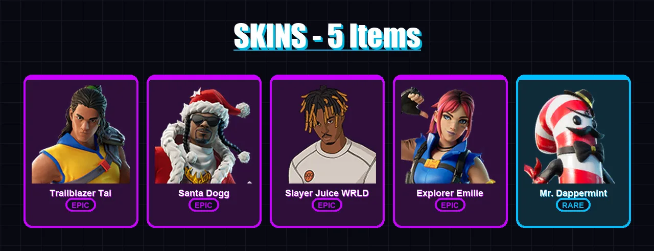 [PC/XBOX/PSN] | Trailblazer Tai | Santa Dogg | Slayer Juice WRLD | Explorer Emilie | Mr. Dappermint | 5 skin | 10 pickaxe | 4 emote | 9 glider | Lv1