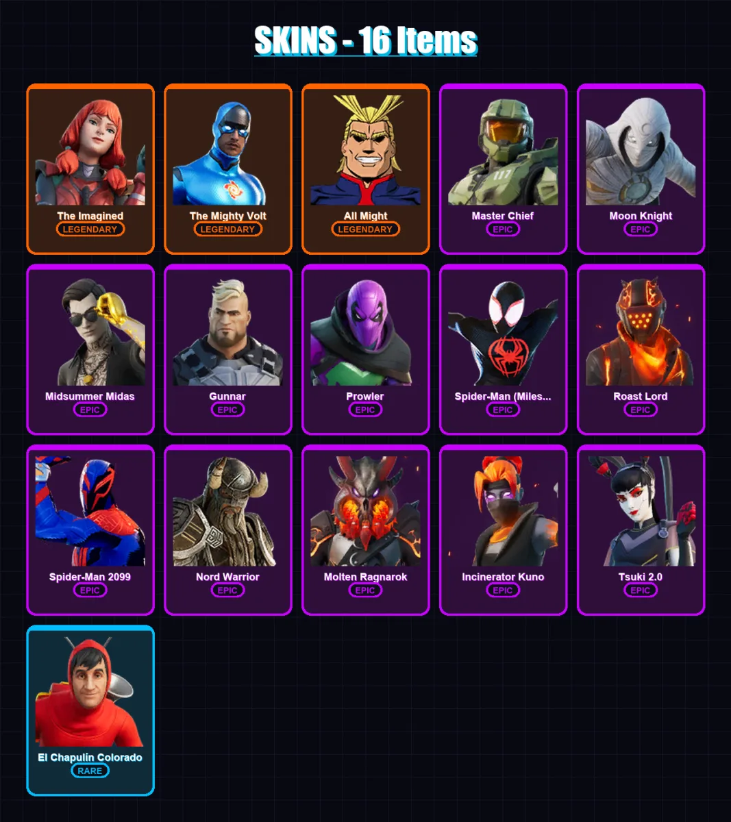 [PC/XBOX] | The Imagined | The Mighty Volt | All Might | Master Chief | Moon Knight | 16 skin | 16 pickaxe | 10 emote | 14 glider | Lv190
