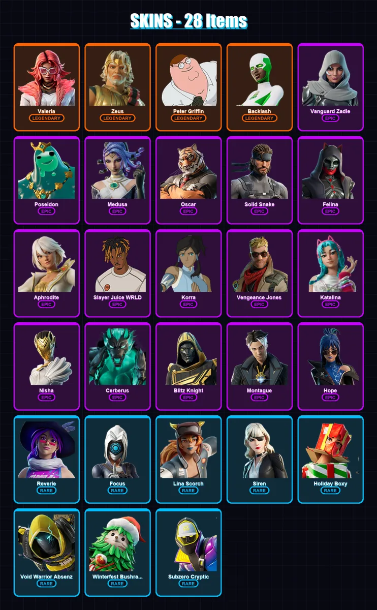 [PC] | Valeria | Zeus | Peter Griffin | Backlash | Vanguard Zadie | 28 skin | 71 pickaxe | 44 emote | 50 glider | Lv960