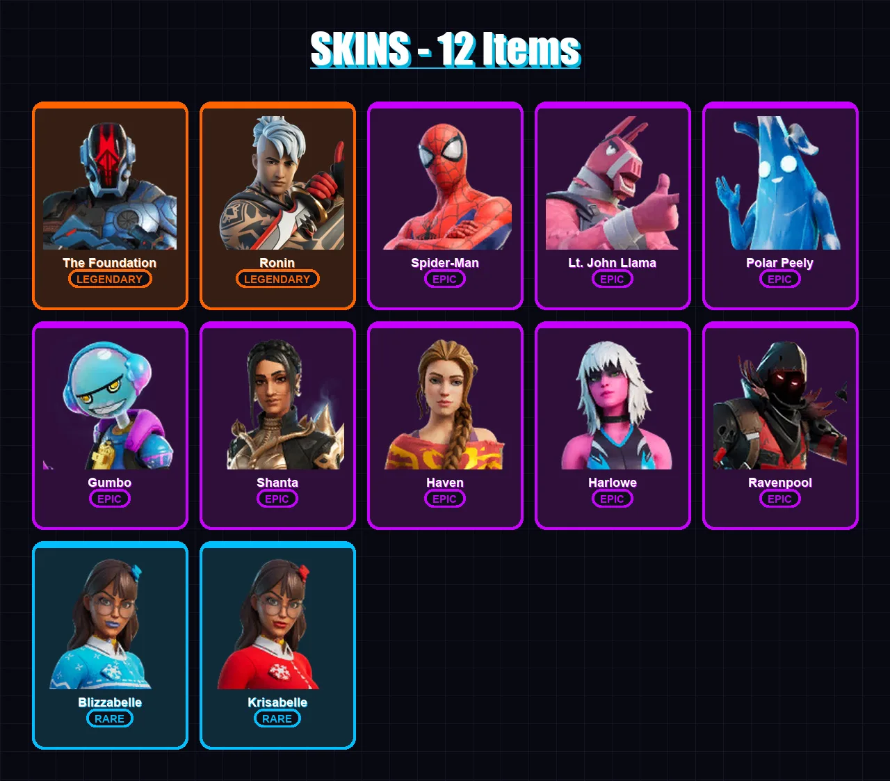 [PC/XBOX/PSN] | The Foundation | Ronin | Spider-Man | Lt. John Llama | Polar Peely | 12 skin | 13 pickaxe | 9 emote | 13 glider | Lv154