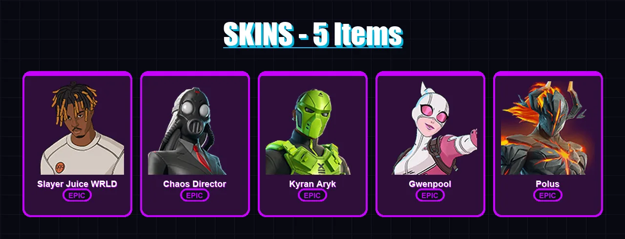 [PC/PSN] | Slayer Juice WRLD | Chaos Director | Kyran Aryk | Gwenpool | Polus | 5 skin | 8 pickaxe | 6 emote | 6 glider | Lv20