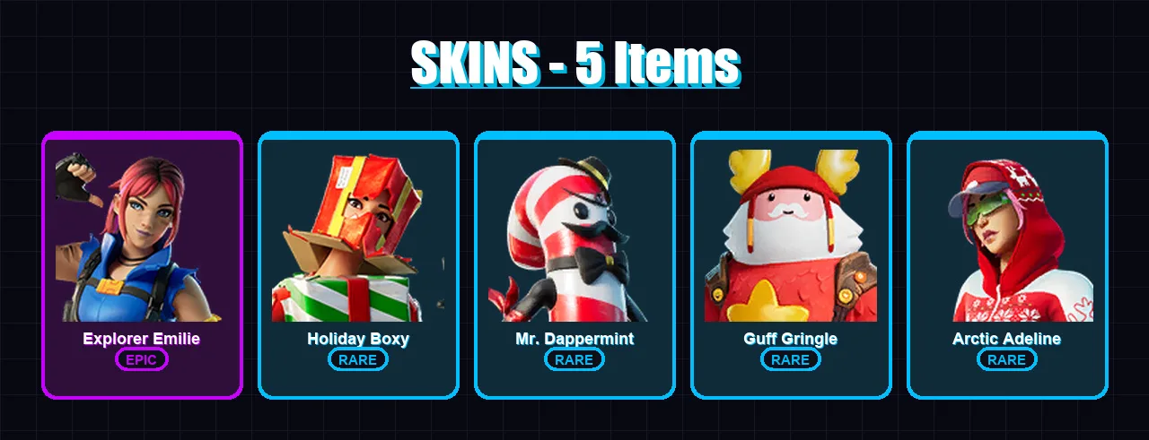 [PC/XBOX/PSN] | Explorer Emilie | Holiday Boxy | Mr. Dappermint | Guff Gringle | Arctic Adeline | 5 skin | 5 pickaxe | 3 emote | 4 glider | Lv32